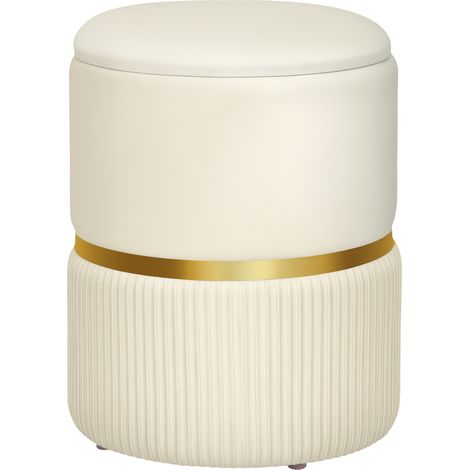 Pouf coffre velours côtelé beige 36x36x44 cm pour salon chambre, repose-pied tabouret de rangement