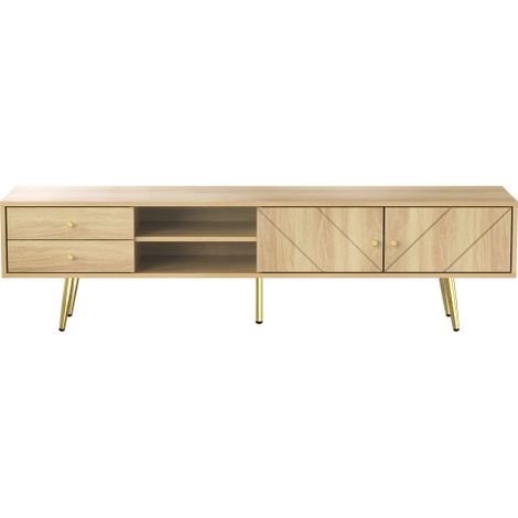 Meuble TV 160 cm pieds dorés 2 tiroirs portes design unique bois