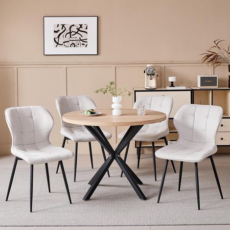 Runder Esstisch mit 4 Stühlen, 100cm, helle Holzoptik, beige Leinenstühle (1/5)