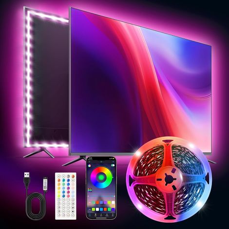 Ruban LED 4M,30 LED/Mètre, RGB Bande Lumineuse LED pour TV pour 50"- 70" TV, Musique Sync Bluetooth APP et Télécommande TV LED Strip USB Alimenté convient pour les chambres, les jeux, Festivals (1/5)
