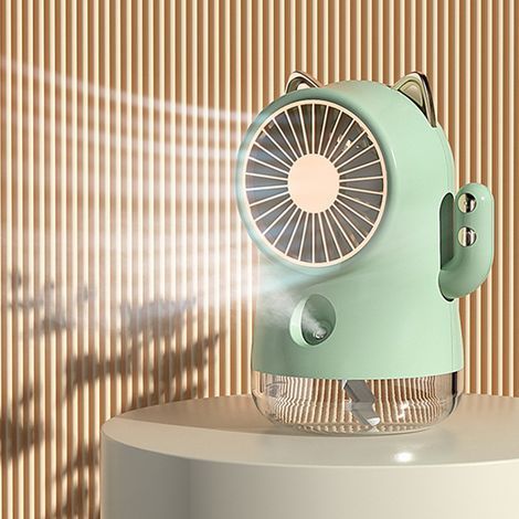 Tischventilator mit Sprühnebel in Katzenform, Multifunktions-Nano-Sprühfunktion, 3 Geschwindigkeitsstufen, kleiner Kühlventilator für Zuhause, Büro und Reisen, Grün (1/5)
