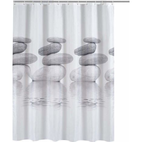 3D waterproof shower curtain with 12 hooks, 100% polyester (Pebble and Gray, 180 x 180 cm)