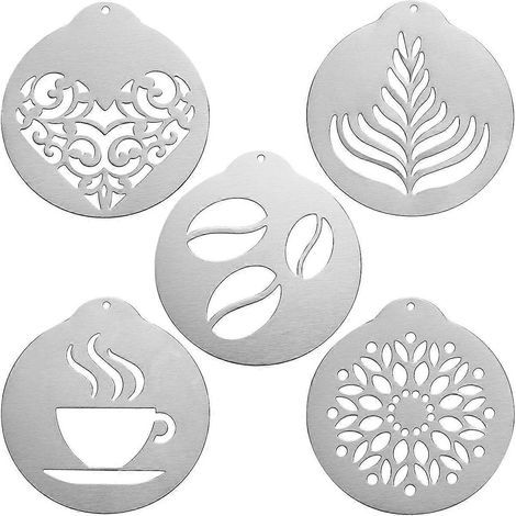 BESTONZON Pochoirs à café en acier inoxydable (lot de 5) - Gabarits pour barista et cappuccino - Moule à guirlande de café - Outil de décoration de gâteaux-9.10X8.50X0.20CM (1/3)