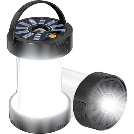 Lampe Solaire Camping Rechargeable, Lanterne solaire rechargeable 4 modes lampe de tente LED ultra lumineuse avec base magnétique, Étanche lumière d'urgence pour randonnée, pêche, l'Extérieur (noir) (1/5)