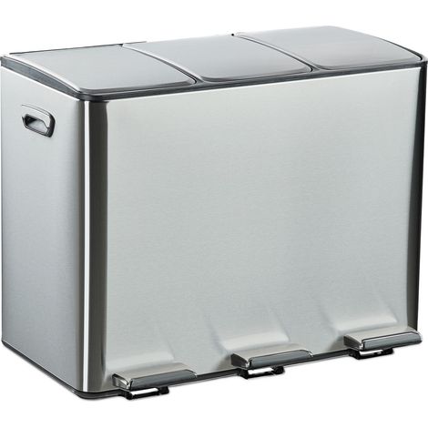 Relaxdays Pattumiera a Pedale da Cucina, 3 Scomparti da 15 L Raccolta Carta e Plastica, Coperchio Silenzioso, Argento