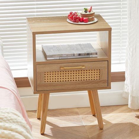 Mesa auxiliar 40x30x55 cm con cajón, frente efecto ratán, patas de madera maciza, color natural. (1/5)