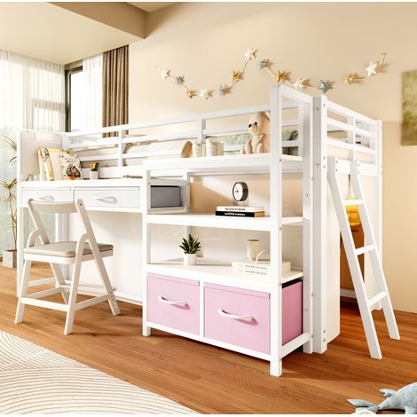 MODFU – Lit mezzanine enfant 90x200 cm métal/MDF – Bureau, rangements, tiroirs tissu et LED – Charge 120 kg – Chambre – Blanc (1/5)