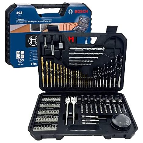 Bosch – Jeu de forets à métaux 103 pièces 2608594070 – Forets en nitrure de titane pour bois, métal et pierre – Coffret de transport inclus
