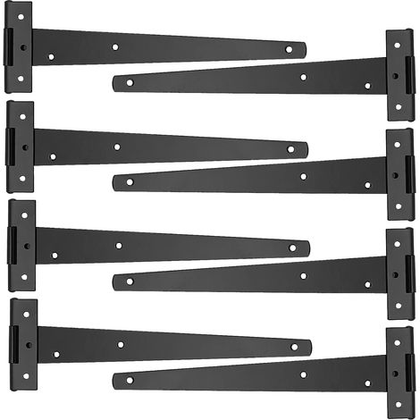 Lot de 8 charnières à sangle en T – 30,5 cm, charnières de porte en métal noir avec vis pour bois, clôture, garage, fenêtres (1/5)