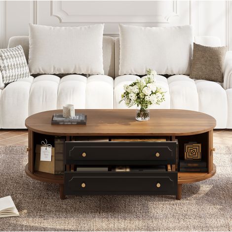 Couchtisch 100x50x36 cm in Nussbaum und Schwarz, 2 Schubladen und Rollladentüren, MEUBLIV (1/5)