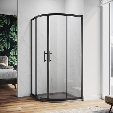 ELEGANT Black Quadrant Shower Enclosure Sliding Shower Door 800x800mm with Grey Tray + Waste Tray (Black)