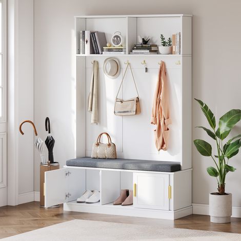 Porte-manteau mural avec assise chaussures, 6 patères doubles, stable sans fixation, compact pour hall d’entrée, couloir, blanc, 120x40x191 cm