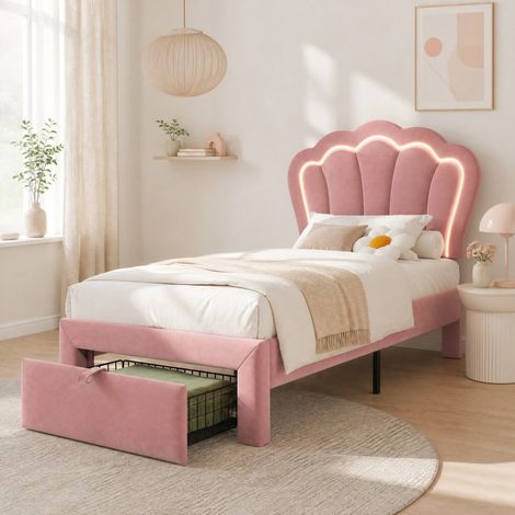 MEUBLIV Letto 90x190 cm rosa con LED e testiera regolabile, senza materasso (1/5)