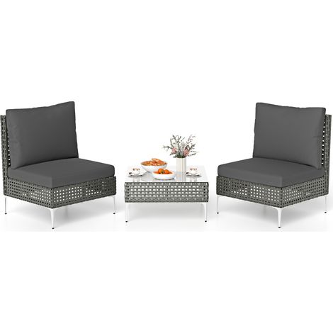 Salon de Jardin 3 Pièces, en Osier PE avec Coussins et Table Basse en Verre Trempé, Ensemble Bistro en Rotin pour Porche, Balcon, Jardin (1/2)