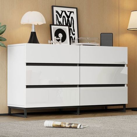 Buffet bas 140x40x80, 6 tiroirs brillant avec 3 pieds métalliques capacité de charge exceptionnelle blanc et noir Buffet salon (1/5)