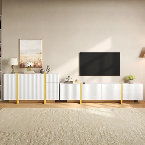 Ensemble meuble TV et buffet bas pour salon, façade à rainures, meuble de rangement, console multimédia, combiné de rangement en PB et MDF (1/5)