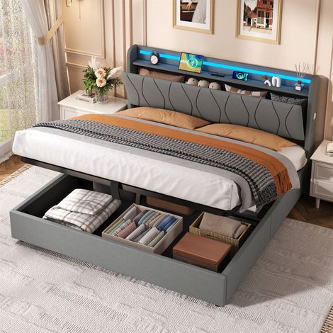 Upholstered Bed Frame with Hydraulic Storage & LED Headboard - Modern Linen Bed with USB/Type-C Charging Station, Concealed Storage and No Box Spring Needed, Grey,5ft King Bed