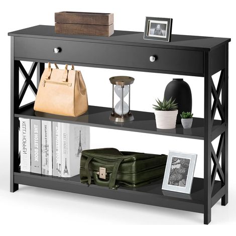 Goplus – Table console 3 niveaux avec 2 étagères et tiroir – Structure en X pour stabilité – Bois aggloméré anti-chocs – Dimensions 99,8 x 29,8 x 80,2 cm (1/5)