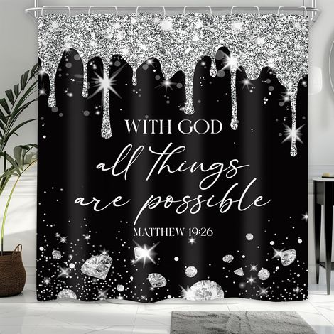 Rideau de douche avec citations sur les diamants noirs et argent 183 cm x 183 cm (sans paillettes) moderne noir blanc verset biblique luxe verset chrétien décoration de salle de bain (1/5)