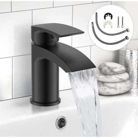Black Curve Waterfall Cloakroom Mini Basin Mixer Tap Sink Mono Bathroom +Fixing (1/4)