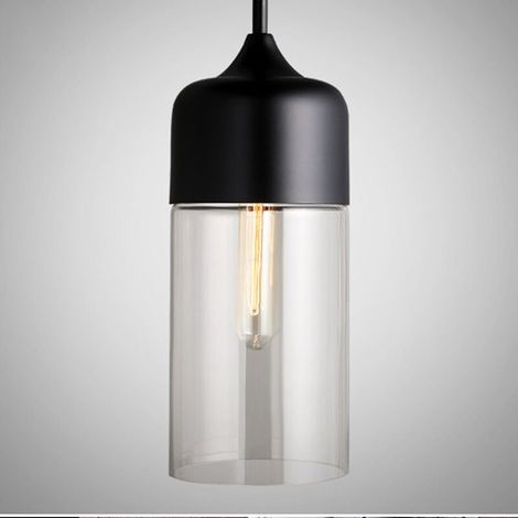 Suspension cylindrique allongée en verre au design contemporain, avec corde réglable, pour salle à manger, chambre, bureau, salon, bar ou café (noir, ampoules non incluses). (1/5)