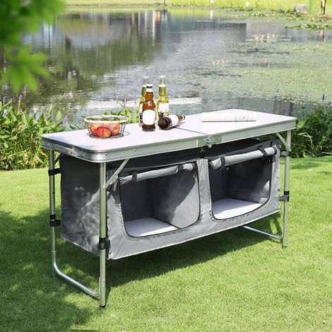 WOLTU Campingtisch Campingschrank Höhenverstellbar mit Stauraum Weiß+grau (1/4)
