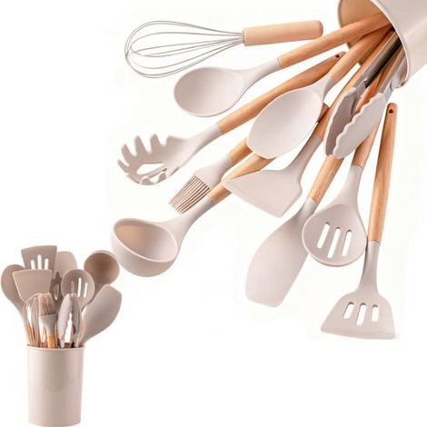 Juego de 12 utensilios de cocina de silicona con mango de madera: cubo de almacenamiento, espátula y cuchara (1/5)