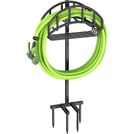 Support de tuyau d'arrosage autoportant en métal avec panier de rangement et 4 piquets amovibles pour l'extérieur (1/5)