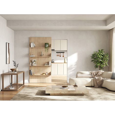 Porte coulissante en bois et MDF avec étagères et rail invisible - naturel clair - 93 x 210 cm - KAZORI