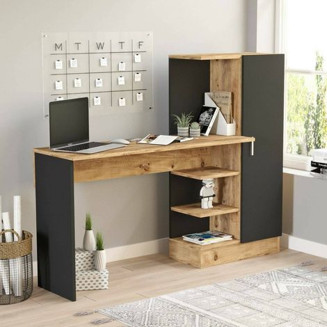 Dmora - Escritorio Dfasolat, Escritorio multiusos, Mesa de oficina para PC, El plan de trabajo, 152x40h120 cm, Roble y Negro (1/5)