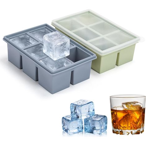 Lot de 2 Moule à Glaçons avec Couvercle, Cube 6 cm Silicone Alimentaire, Pour Whisky Cocktail Bar