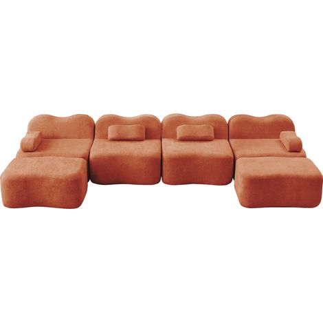 Modulares U-Sofa 4-Sitzer ohne Armlehnen aus orangefarbenem Samt, mit 2 Poufs (1/5)