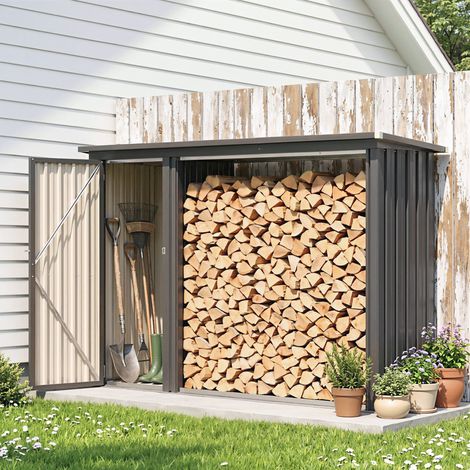 Rangement à bois 2‑en‑1 acier gris foncé 1,26 m², armoire outils intégrée, 235×67×149 cm (1/5)