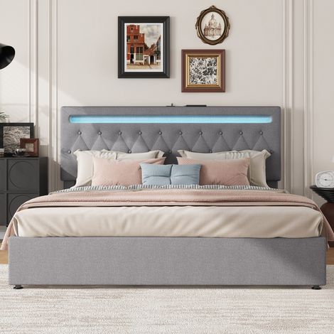 Lit 180x200 capitonné avec vérin hydraulique et mécanisme relevable, éclairage LED multicolore, port de charge USB, teinte grise, sommier intégré. (1/5)
