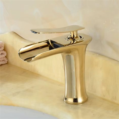 Robinet de lavabo pour salle de bain et cuisine, robinet cascade en laiton durable, robinet de lavabo moderne avec robinet d'eau chaude et froide, Doré (1/5)