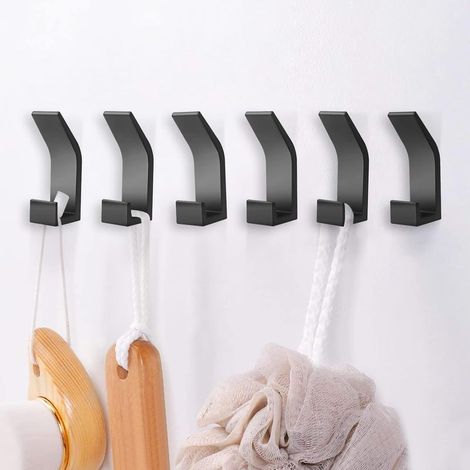 Noir 6 Pièces Crochets auto adhésifs, Crochet Double Porte Serviette Salle de Bain, support mural auto adhésif pour cuisine, salle de bain, bureau, placard, aluminium (1/5)