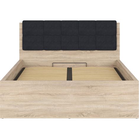 Lit adule 140x200 avec tête de lit capitonnée noir,sommier et rangement, coloris chêne Sonoma - Longueur 204,5 x Profondeur 149 x Hauteur 95/40,5 cm (1/5)