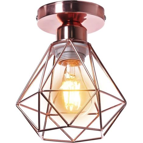 STOEX Plafonnier Industriel en Métal, Or rose Suspension Luminaire Style Vintage Design forme Cage Diamant Rétro pour Salon Chambre Salle à manger (sans ampoule) (1/4)