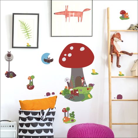 Sticker mural déco enfant, 48x68cm, maison champignon et animaux imaginaires pour décorer votre intérieur. (1/2)