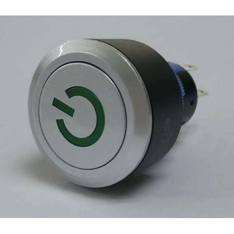 Bouton-poussoir, Momentané lumineux, LED Vert, Unipolaire à deux directions (1RT), 3 A, 5 A, Argent, Montage panneau ( Prix pour Paquet de 1 ) (1/2)