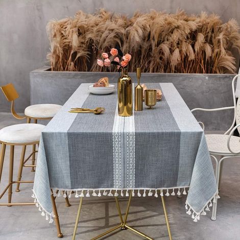 Nappe rectangulaire en coton et lin 140 x 220 cm, facile à nettoyer, grise avec pompons, idéale pour la décoration de la table de cuisine ou de salle à manger - 55 x 86 pouces (1/5)