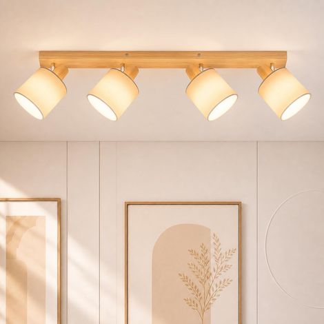 Plafonnier Spot Bois Rampe Éclairage Plafond 4 Spot Orientable E14 Lampe Blanc Luminaires Intérieur Vintage Lustre Salon Chambre Cuisine Sans Ampoules (1/5)
