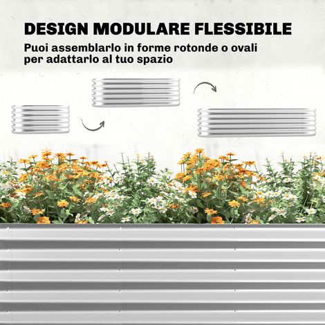 Jardinière surélevée extérieur acier argenté 200x60x103 cm, grille intégrée pour plantes grimpantes, fond ouvert, bac sur pieds.