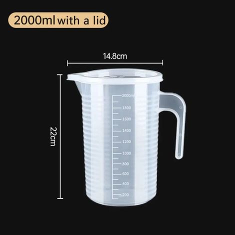 Gobelet doseur (2000 ml avec couvercle) en plastique transparent, bécher de laboratoire gradué, récipient de mesure pour la cuisine et la pâtisserie. (1/5)