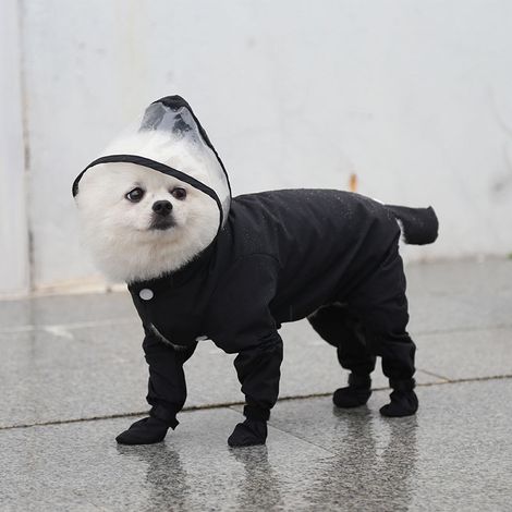 Imperméable intégral avec pieds, bottes de pluie noires pour petit chien (taille XXL), cape imperméable couvrante, bottes de pluie avec bandes réfléchissantes (1/5)