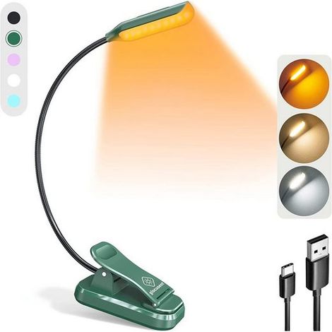 Lampe de Lecture, Lampe à pince, Lampe Chevet, Mini lampe de lecture livre, 3 couleurs et 3 niveaux de luminosité, Lumière de livre légère, Vert, KINSI (1/5)