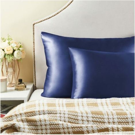Lot de 2 taies d'oreiller en satin de soie avec fermeture éclair dissimulée, taies d'oreiller bleu marine, taille Queen (1/5)