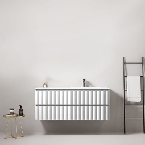 Mobile bagno sospeso cannettato 120 cm Bianco Lavabo a Destra in Ceramica Senza Specchio - Fiji Paint (1/3)