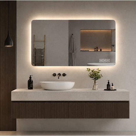 REDOM - Espejo de baño LED - 60x100x5 cm - 3 colores regulables - brillo ajustable - función antivaho - vidrio y metal plateado