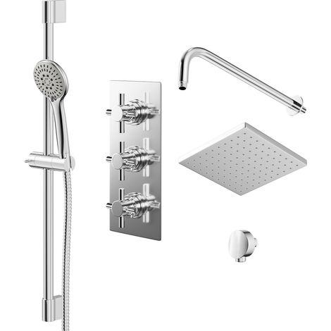 Cross Polished Chrome Triple Thermostatic Valve Mixer Shower with Square Fixed Head and Avon Shower Slide Rail Kit - 2 Outlet (1/5)